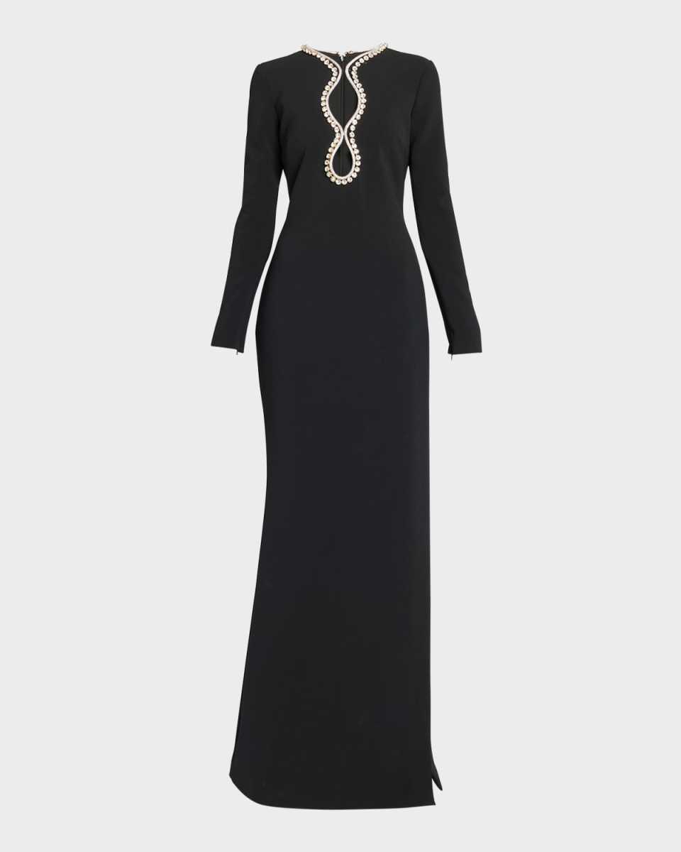 Crystal Long-Sleeve Thigh-Slit Cady Gown